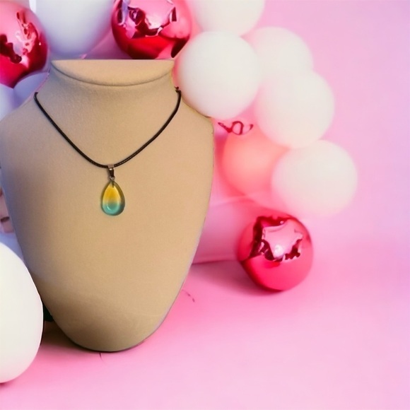 Yellow & blue green Water Drop Shape Charm with 18In Leather Cord Chain Necklace - Picture 7 of 10